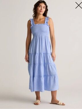 100% European Linen Smocked Midi Dress French Blue